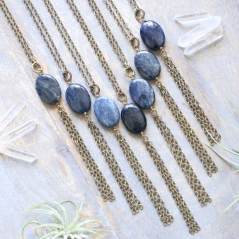 Gemstone Tassel Necklace Handmade Dumortierite